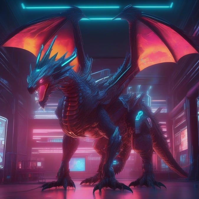 In the neon-lit heart of a cybernetic world, a fearsome dragon emerges. Its scales, a blend of metallic tones with glowing accents, shimmer under the city lights. The dragon's eyes burn with an electric fire, its wings spread wide, ready to take flight into this futuristic landscape.