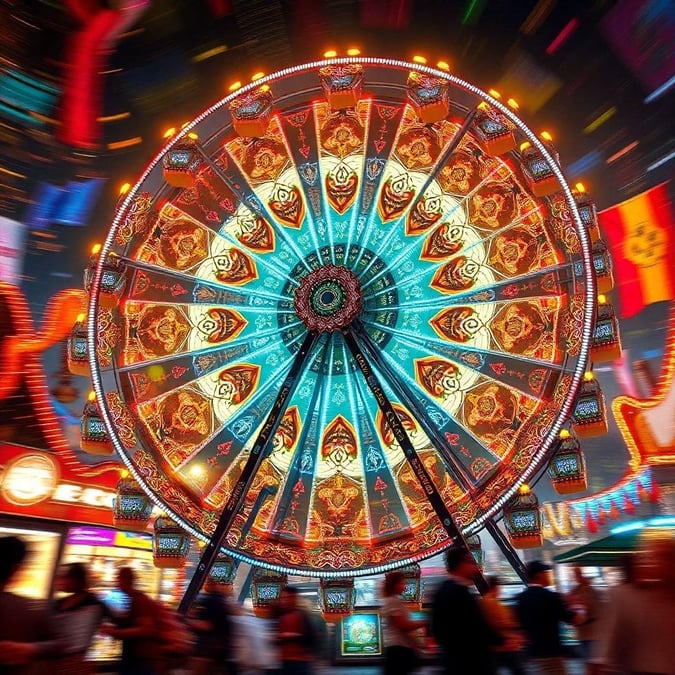 The iconic glowing fairground wheel, centerpiece of the lively carnival atmosphere.