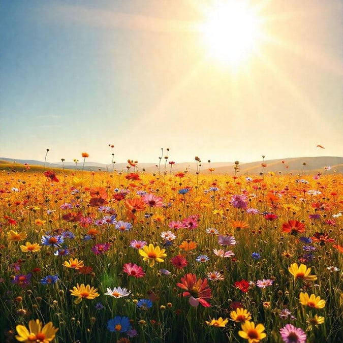 A radiant sunny day in a field blooming with an array of colorful wildflowers. The sky is clear and blue, suggesting perfect weather for a day out in nature.