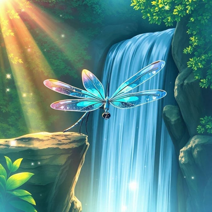 Immerse yourself in this enchanting anime-style wallpaper featuring a majestic dragonfly perched on the edge of a breathtaking waterfall, radiating an otherworldly glow.