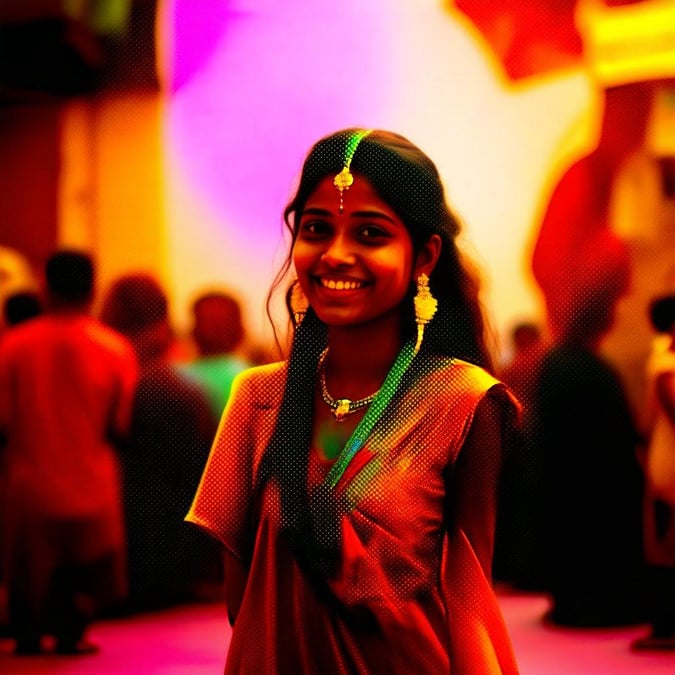 A woman smiling in the midst of a vibrant Indian festival, surrounded by people in colorful attire.