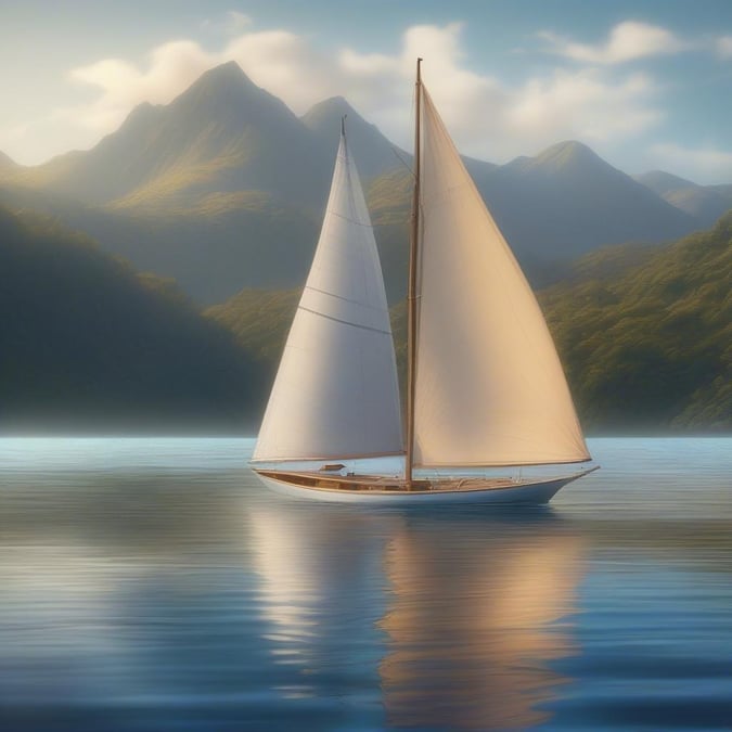 This serene wallpaper captures the tranquility of a sailboat gliding across a calm lake, surrounded by majestic mountains and lush greenery, evoking a sense of peaceful adventure and connection with nature.