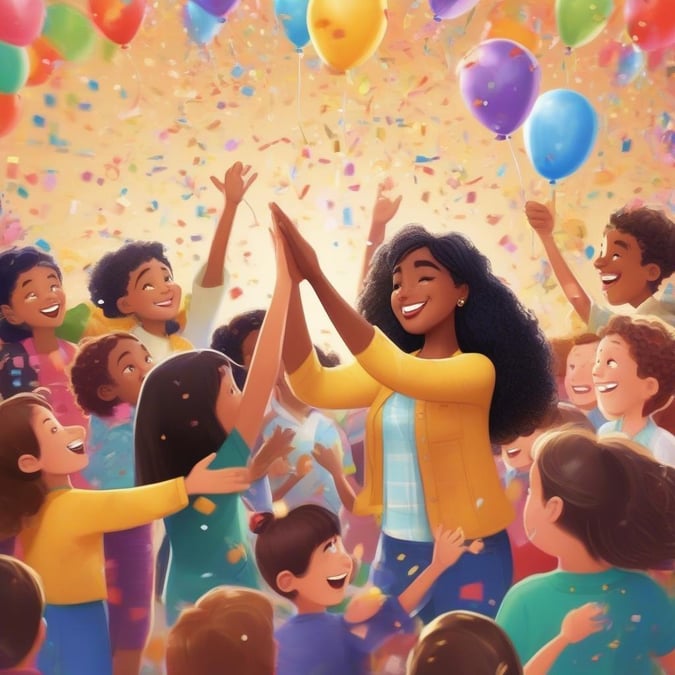 The joyful start of a new school year with balloons, confetti, and smiling children celebrating together.