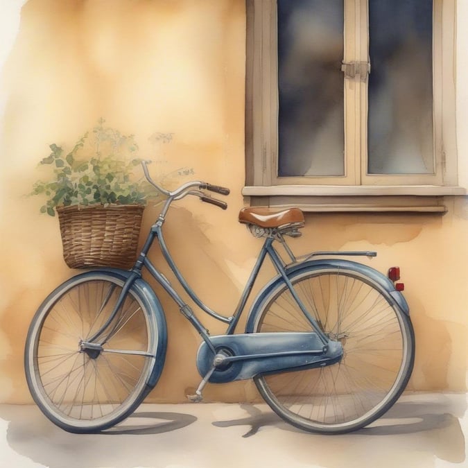 A beautiful watercolor painting of a vintage bicycle leaning against a wall, with a basket of plants on the handlebars.