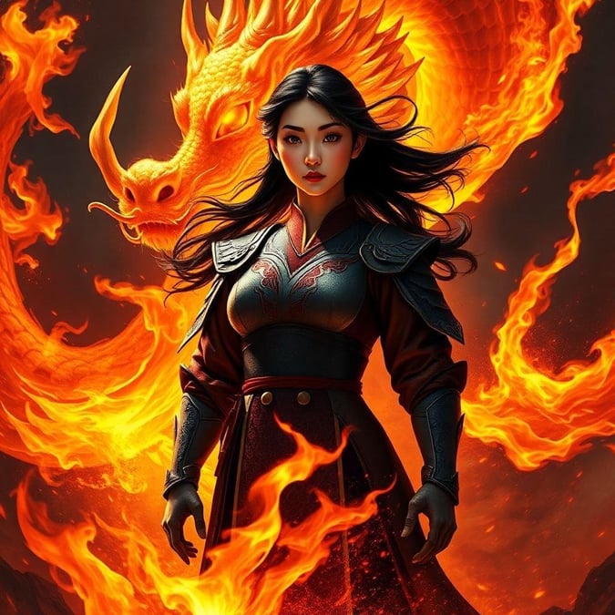 Mulan, the brave Disney warrior, stands out in this fiery wallpaper.