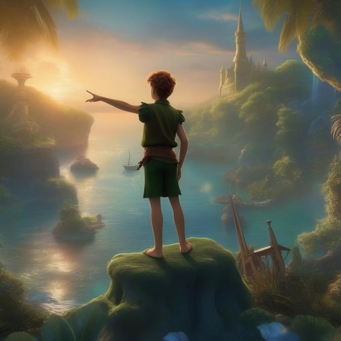 Join Peter Pan on an adventure in Neverland with this stunning wallpaper. The image features Peter Pan standing on a rock, pointing towards the horizon, with a beautiful sunset and a castle in the background. This wallpaper is perfect for fans of the classic Disney character and the magical world of Neverland.