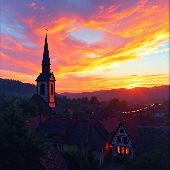 A serene view at sunset with a beautiful purple hue over the mountain town. The sky meets the silhouette of a church's spires, creating an idyllic scene.