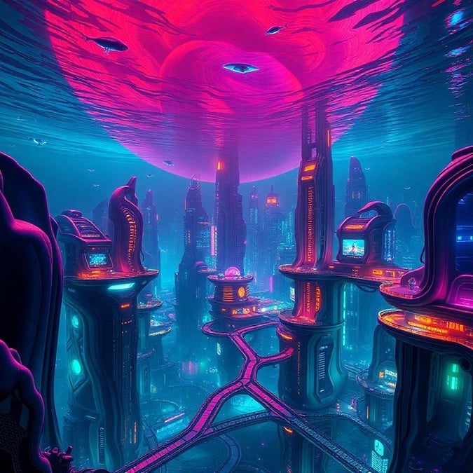 Explore the futuristic underwater city in this stunning sci-fi landscape wallpaper. The vibrant colors and sleek architecture create a sense of wonder and excitement.