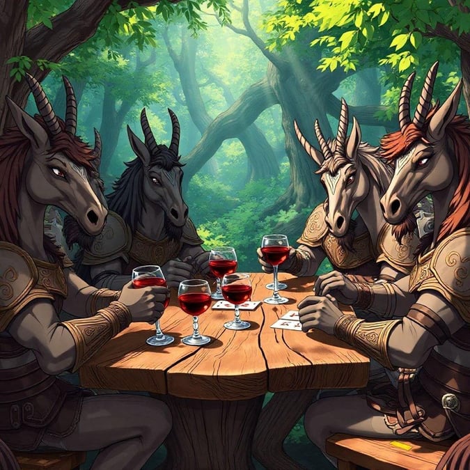 A group of fantasy creatures gather around the table, toasting with their drinks. In a mystical forest, they share a moment of camaraderie and celebration.