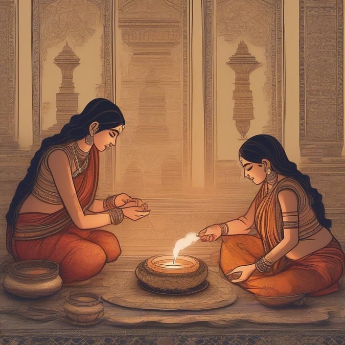 En lugn Diwali-scen med två kvinnor som tänder en lampa i sina traditionella kläder och omfamnar festligheten och enhetens anda.