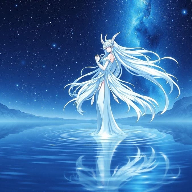 A serene scene of an ethereal oni princess under the night sky. Her flowing mane is as white and frothy as ocean waves, contrasting with her majestic stature. The tranquil lake beneath her feet reflects the celestial lights above, enhancing the magical ambiance. This image encapsulates the spirit of fantasy and beauty that resonates within anime culture.