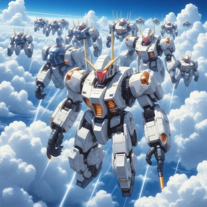 This anime wallpaper features a group of mecha pilots flying through the clouds, their robotic vessels amidst the sky. The large robots, with intricate patterns and glowing red eyes, are positioned in a symmetrical formation, adding a sense of scale to the scene. The background, a deep blue sky, adds depth, while the artwork's focus is on the robotics' hands and arms.