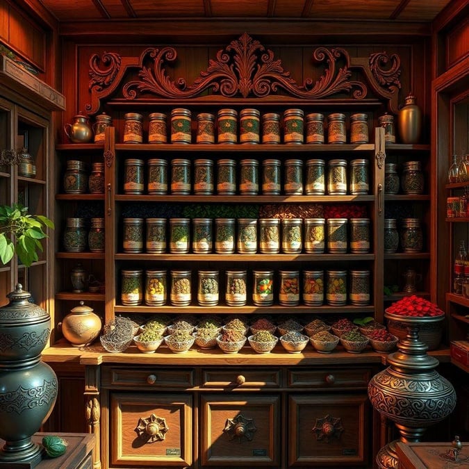 A beautifully organized spice rack, showcasing an assortment of spices in various containers, including jars and bowls.