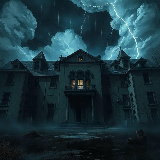 A desolate gothic mansion at night, shrouded in dark, swirling storm clouds and foreboding thunderstorms.