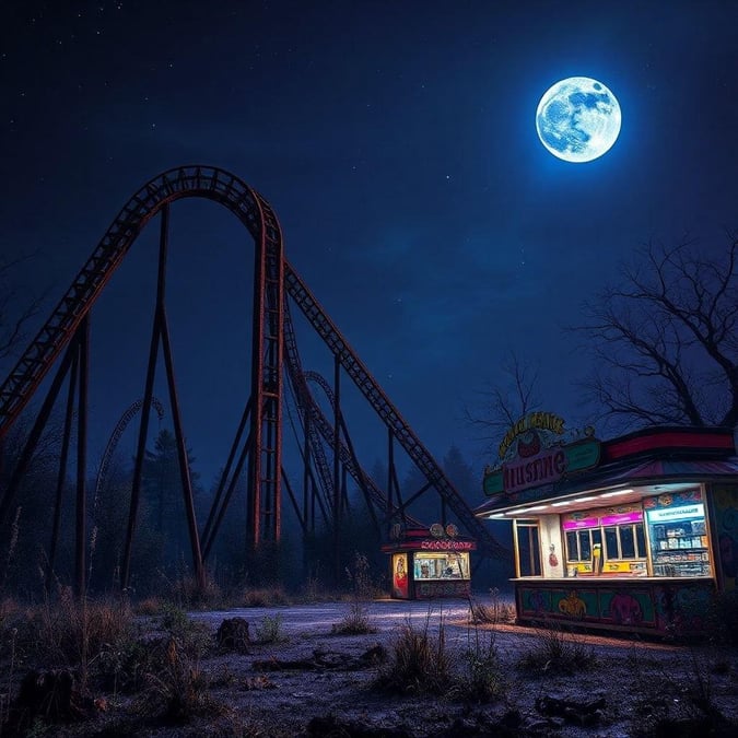 This stunning wallpaper captures the thrill of a roller coaster ride under the light of the moon. The dark sky and the bright moon create a dramatic backdrop for the roller coaster, making it stand out in all its glory. The image is perfect for anyone who loves roller coasters or just wants a unique and eye-catching wallpaper for their desktop or mobile device.