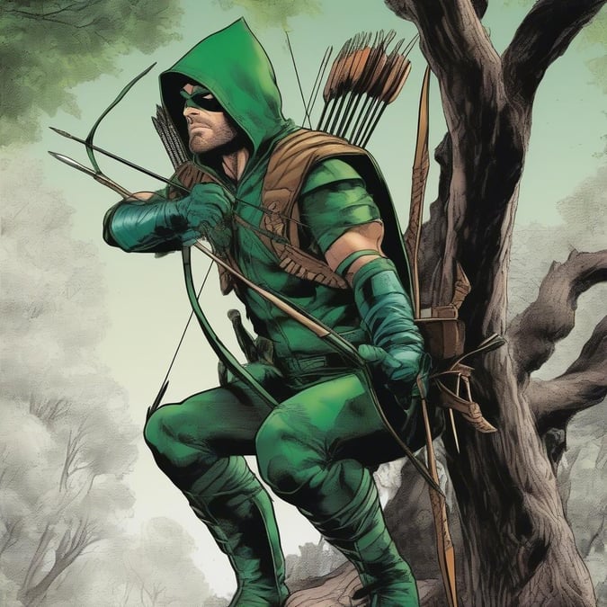 Oliver Queen, a Flecha, empunhando seu icônico arco e aljava, pronto para proteger a cidade como o herói vigilante.