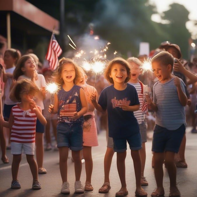 A joyful scene from an Independence Day parade with children happily holding sparklers.