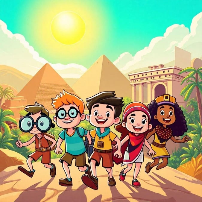 A group of cartoon children embark on an exciting adventure through ancient Egypt, with the pyramids and sunset in the background. Join these young explorers on a fun-filled journey!