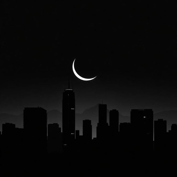 A tranquil night in the city, with the crescent moon casting its gentle glow over a metropolis.