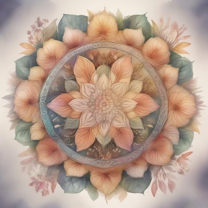 This artistic digital illustration depicts an intricate flower mandala, a symbol often used for meditation and reflection. The mandala is filled with blooming flowers and leaves in shades of orange, green, yellow, and pink, creating a vibrant centerpiece against a pale blue backdrop. Perfect for desktop or mobile backgrounds that add a touch of serenity and inspiration to your daily digital space.