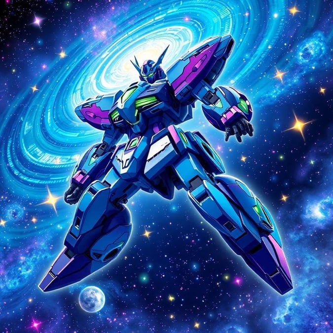 A futuristic mecha soars through a vibrant galaxy, its intricate patterns and sharp edges gleaming in the cosmic light. The blue and purple body is a fusion of green and purple, while the head is a blend of blue and purple. This digital illustration captures a moment of motion and energy, embodying the spirit of cosmic exploration.