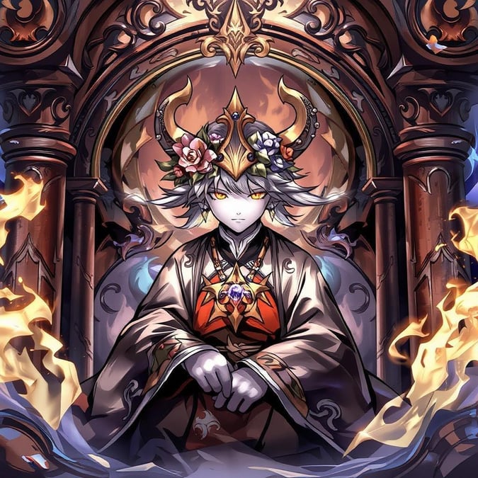 A wallpaper illustration of a mystical guardian figure, emitting an ethereal aura, seated within an ancient shrine. The guardian is adorned with a crown of flowers and a golden crown, exuding an otherworldly presence amid the intricate details of the sacred space.