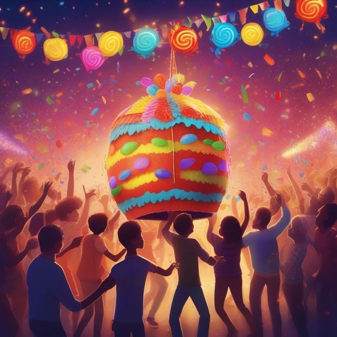 A festive nighttime scene at a carnival, featuring a vibrant crowd gathered around a colorful cake, with joyful excitement and confetti filling the air.