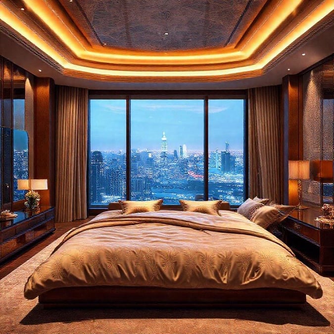 This luxurious bedroom boasts a stunning city view, creating a perfect blend of comfort and sophistication.