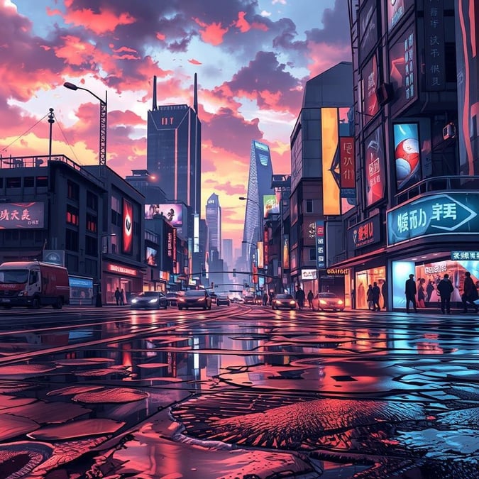 Dyk ner i den livfulla världen av anime med denna fantastiska stadslandskapsbakgrund. Den detaljerade digitala illustrationen fångar essensen av en futuristisk stad i skymningen, med en blöt trottoar som reflekterar neonlys och en livlig gata som bidrar till atmosfären. Denna bakgrund är perfekt för användning på skrivbord och mobil, och erbjuder ett ögonblick av lugn och en glimt av den eteriska skönheten i animevärlden.