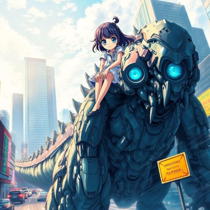 Une illustration anime captivante d'une jeune fille chevauchant un géant kaiju, sur fond d'une ville dynamique.