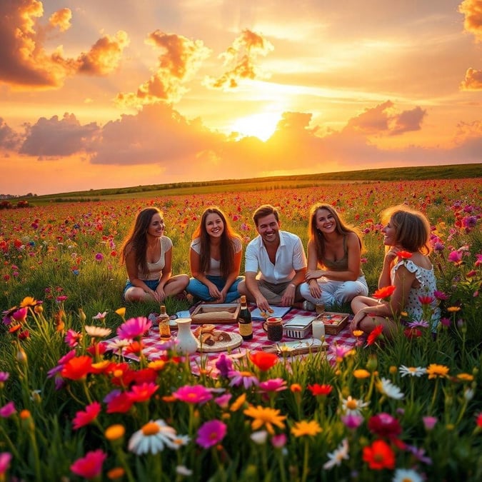 A relaxed evening with friends in a beautiful flower field, watching the sunset together.