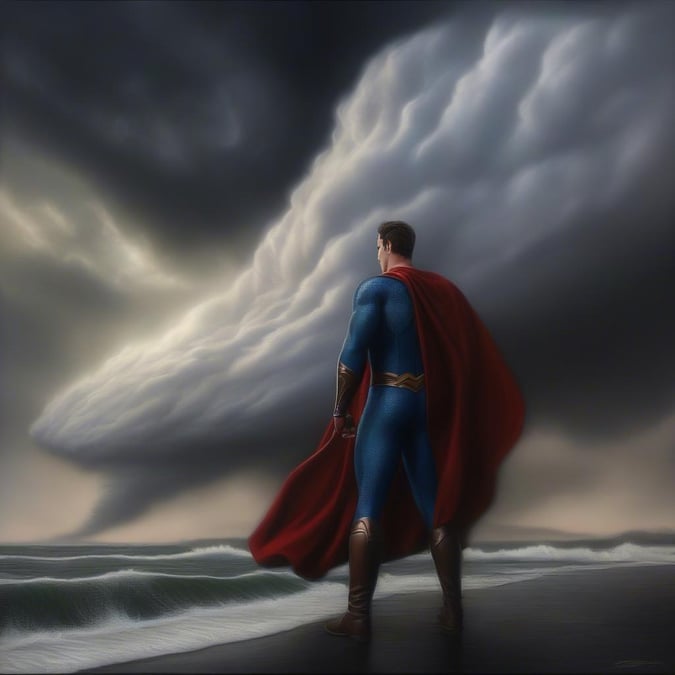 Superman, le héros iconique, se tient ferme sur une plage battue par la tempête alors qu'un immense nuage se profile à l'horizon. Sa cape flotte au vent alors qu'il scrute la mer tumultueuse. L'image capture l'essence de la force et de la résilience de Superman face à l'adversité.