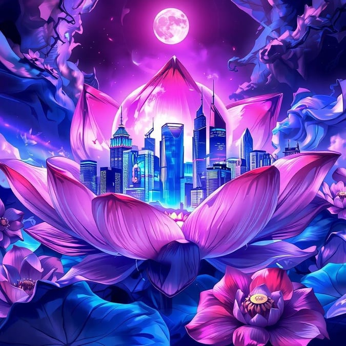 A dreamlike depiction of a vibrant city scene within a lotus flower bloom. The image combines elements of anime-style architecture with a surreal, ethereal nature, creating a harmonious fusion of urban life and the tranquility of nature.