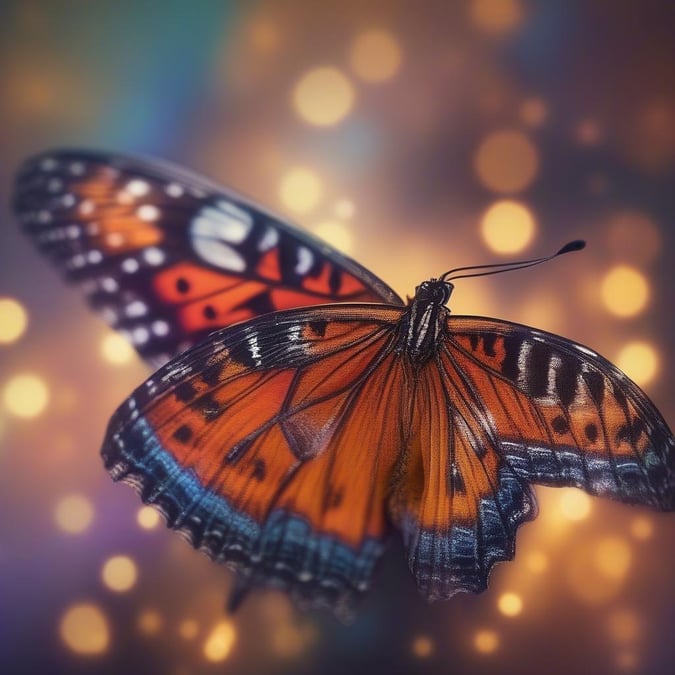 A beautiful, orange, black, and white butterfly with intricate wing patterns set against a soft bokeh background.