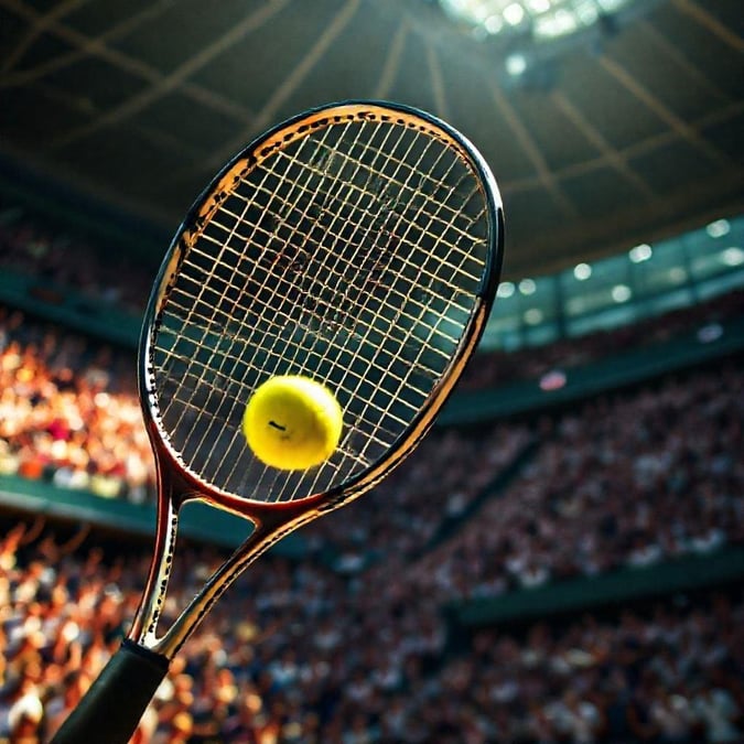 A close-up shot of a tennis racket and ball in mid-air, showcasing the speed and agility of the sport.