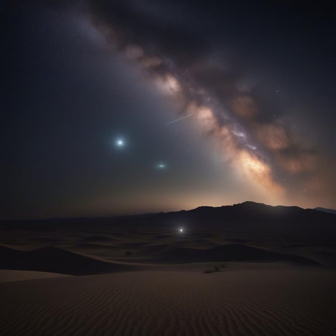 A tranquil desert night under the cosmic starlit sky.