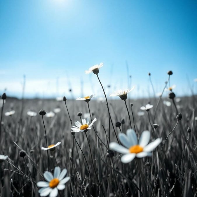 A stunning black and white wallpaper featuring a field of daisies in the foreground and a blue sky in the background.