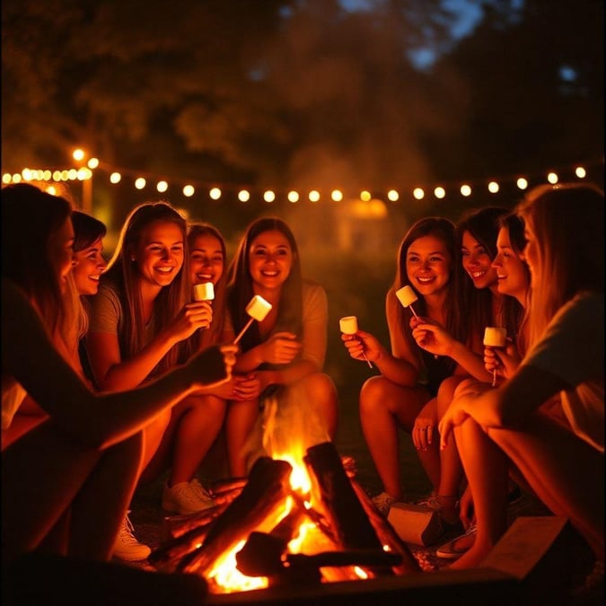 A group of happy graduates enjoying a night around the campfire, celebrating their achievements with marshmallow toasting.