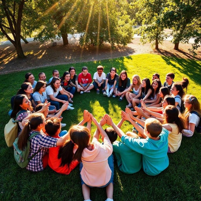 A group of friends are gathered on a grassy field with their arms raised, enjoying the sunshine as they celebrate the start of school. The event seems to be casual and fun, with everyone smiling and in good spirits.