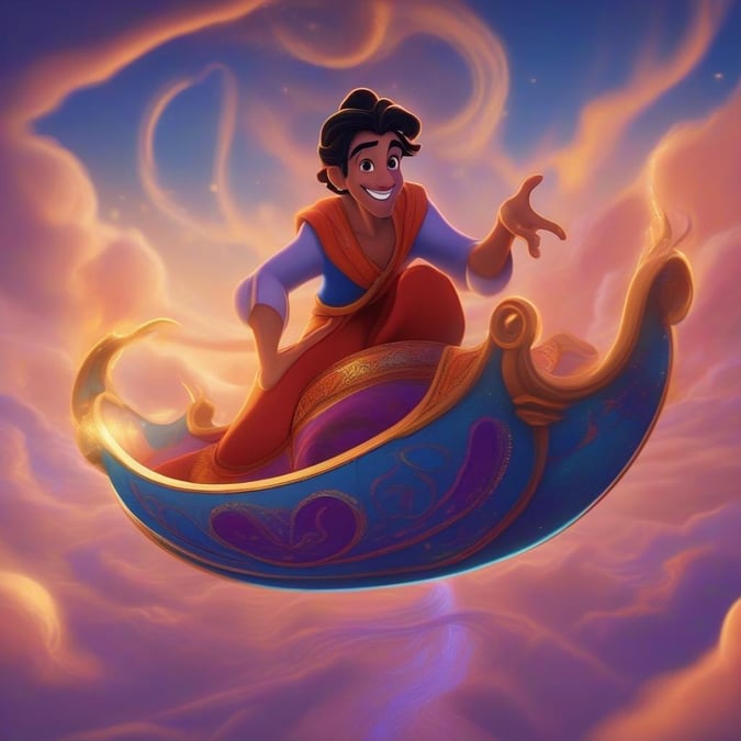 Join the beloved character, Aladdin, on his magical carpet ride through a dreamy sky. The world of Disney comes alive in this captivating wallpaper for desktop and mobile.