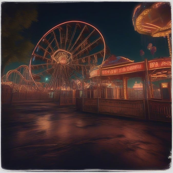 A vibrant amusement park scene at night, with the Ferris wheel standing tall and lit, ready for a thrilling ride. The carnival is bustling under the starlit sky, creating an atmosphere of excitement and joy.