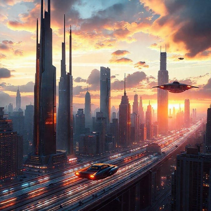 A bustling metropolis with towering skyscrapers during a beautiful sunset. The streets are alive with traffic and the sky is filled with airborne craft.