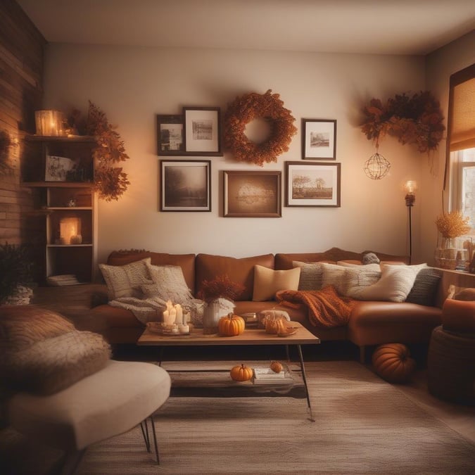 This inviting living room is filled with warmth and festive touches, perfect for a cozy Thanksgiving celebration.