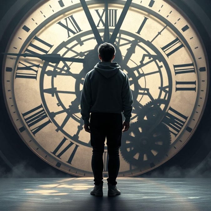 A person standing in front of a large clock, possibly symbolizing the passing of time or a new beginning for the upcoming year.