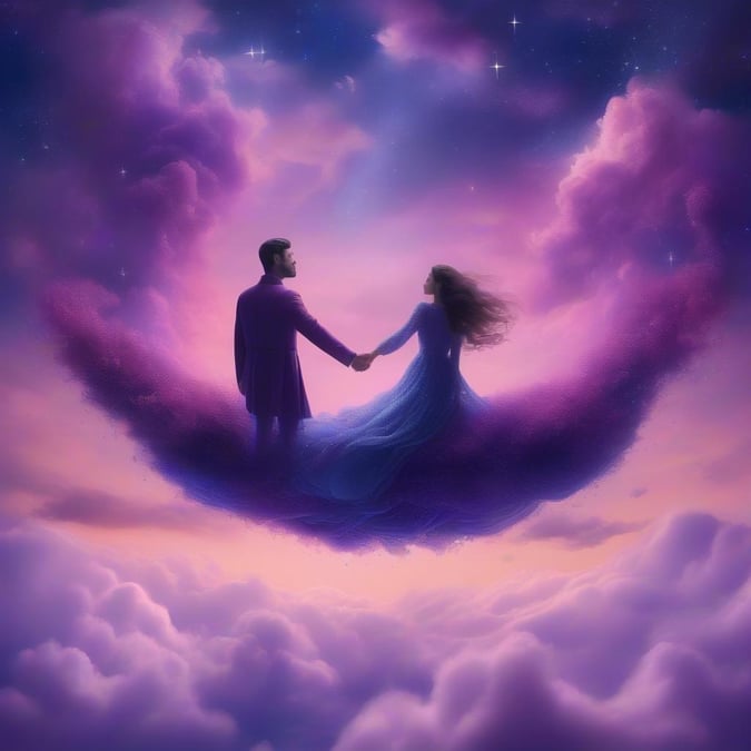 This beautiful wallpaper captures the essence of Valentine's Day, featuring a couple holding hands in the sky amidst a stunning purple and pink cloudy background. The image exudes a sense of love and togetherness, perfect for desktop and mobile use.