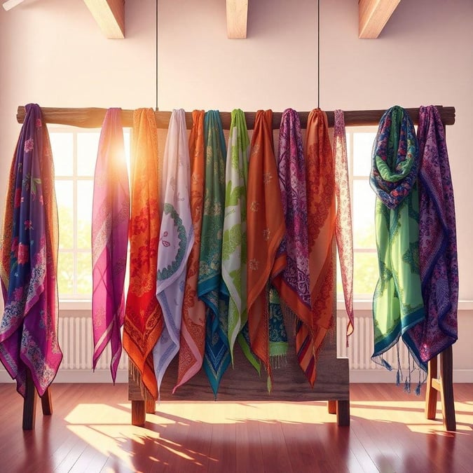 A variety of beautifully patterned scarves hanging in a sunlit room, evoking a cozy and fashionable atmosphere.