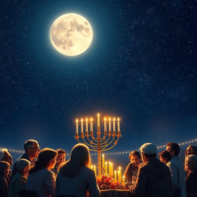 A joyous gathering of people celebrating Hanukkah by lighting candles on a Menorah under the full moon. The warm glow of the candles casts a festive atmosphere over the group, creating a sense of unity and tradition.