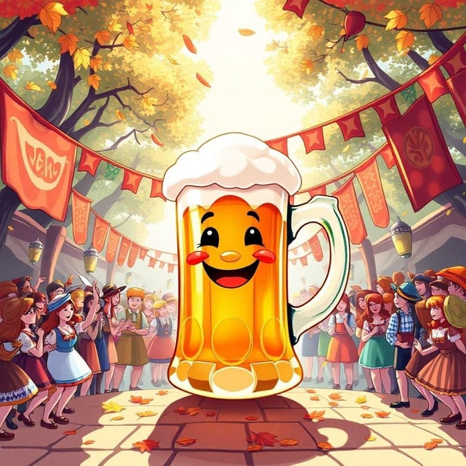 Celebrate the joyous spirit of Oktoberfest with this lively depiction. Beer, laughter, and merriment fill the air as people gather under autumn leaves to enjoy the season's finest brew.