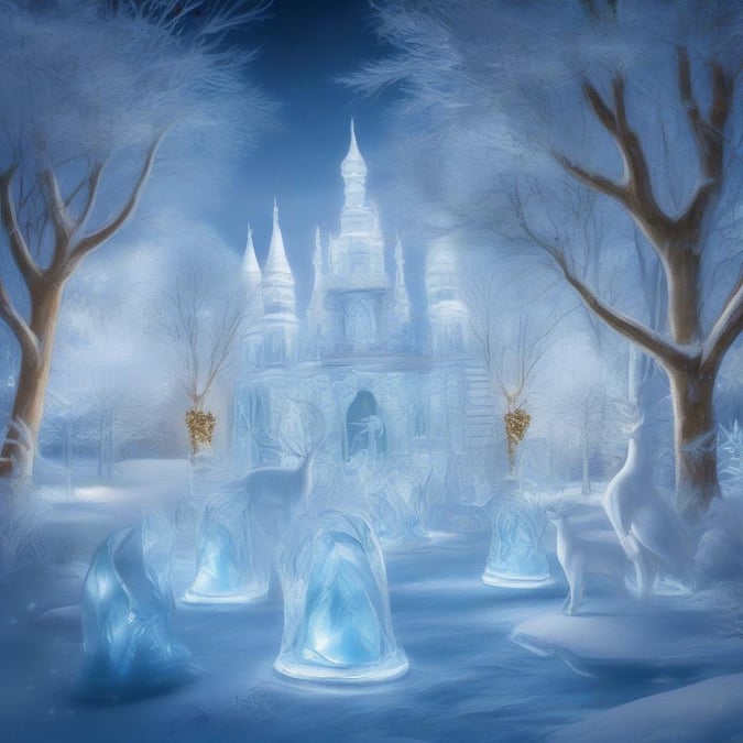 Crystal-like icicles drip down this enchanting winter castle, making it a magical centerpiece in the heart of an otherworldly forest. The deep blue night sky is illuminated by ethereal lights from the castle and a full moon overhead.