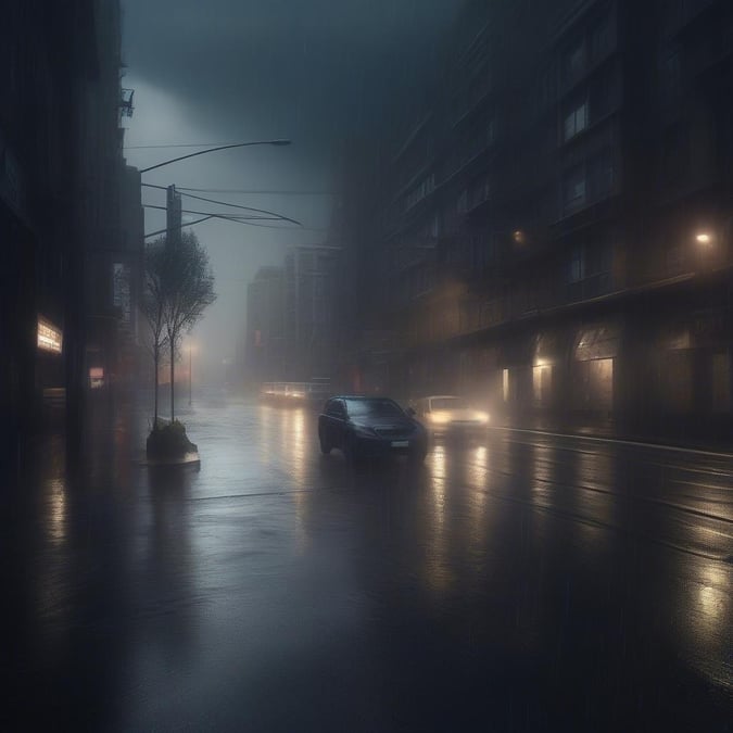 The city street is bustling despite the rain. Cars are parked along the sidewalk, waiting for their drivers to return. The lights from nearby buildings reflect off of the wet asphalt, creating a serene and atmospheric scene.